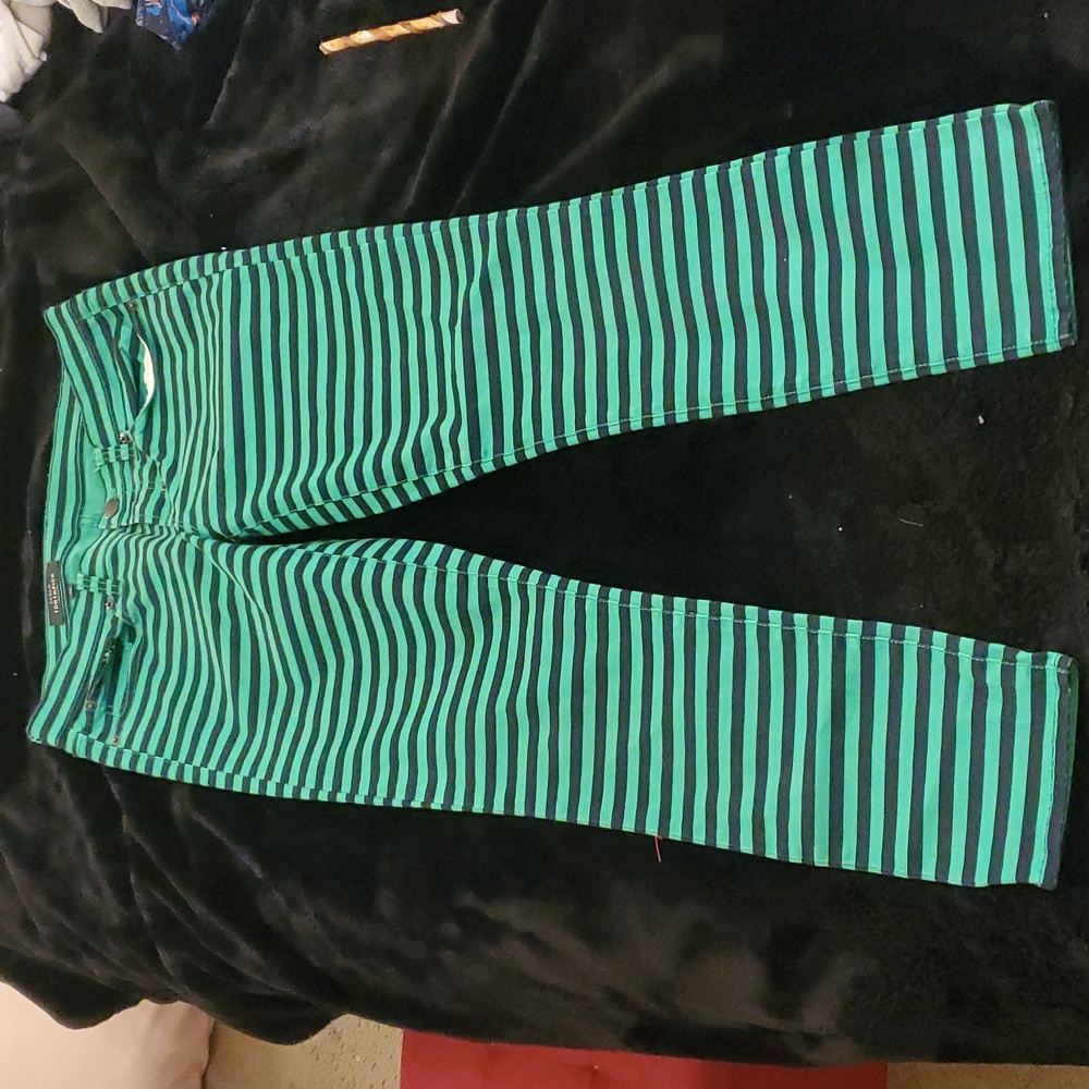 J. Crew Green Black Stripe Toothpick Straight Leg Pants 30 Preppy Emo Scene